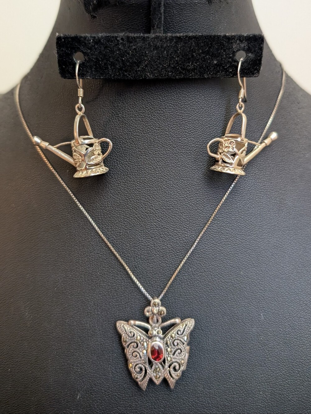 #46. Sterling Silver Filegree Butterfly With Ruby & Filegree Sterling Earrings